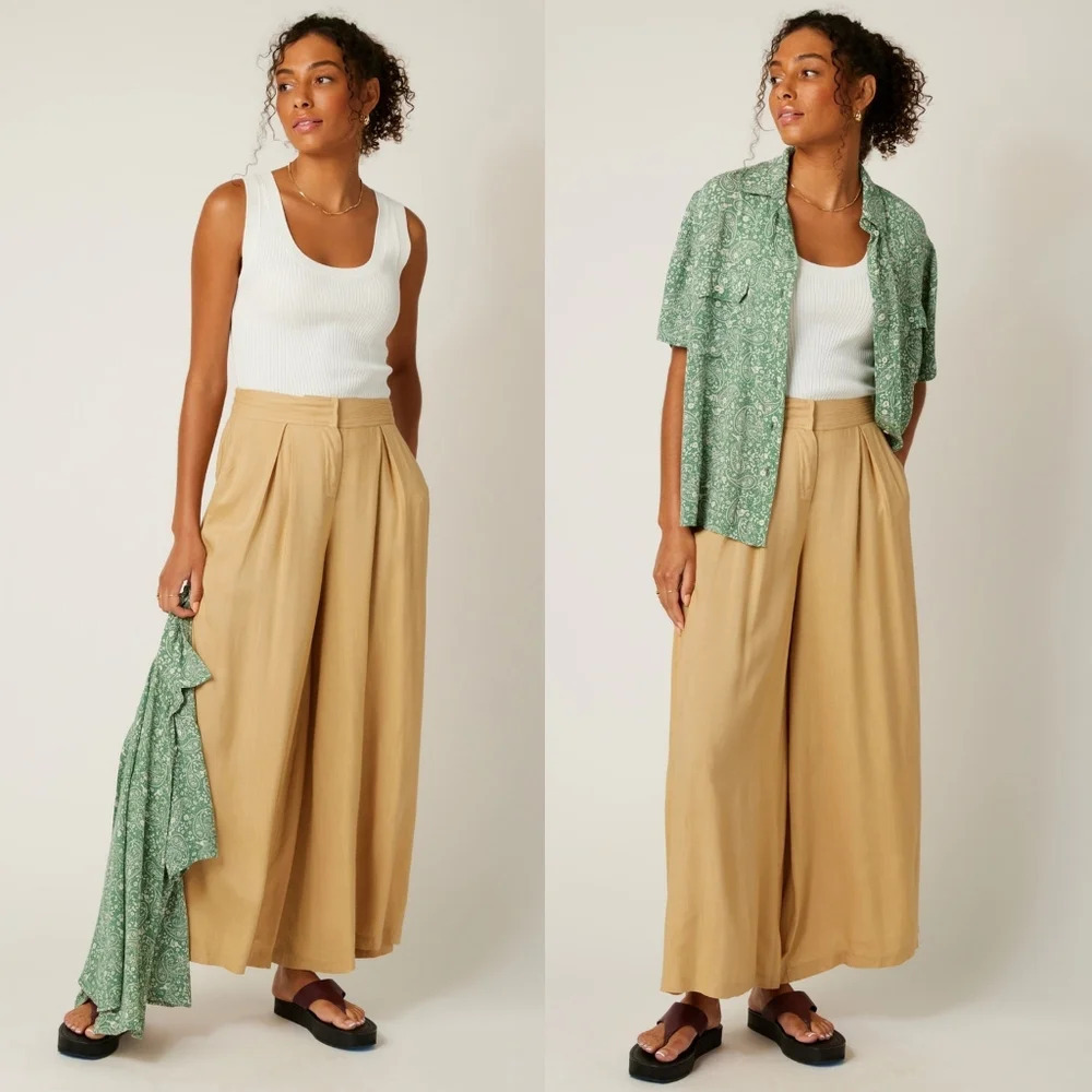BILA 77 Ayala Pant Extra Wide Leg Palazzo Tan Elastic Waist 100% Rayon